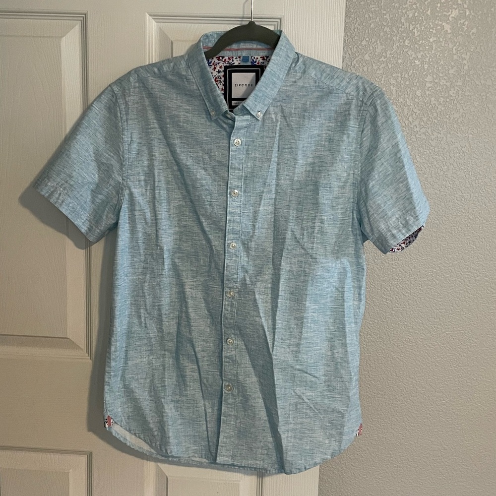Zip Code Button Down Shirt - Small - turquoise short sleeve